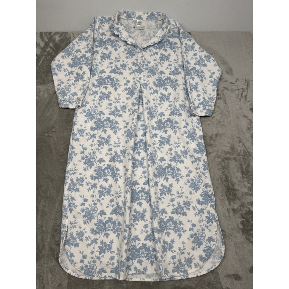Ella Simone‎ Nightgown Womens Large Blue White Floral Pleated Cotton Cottagecore